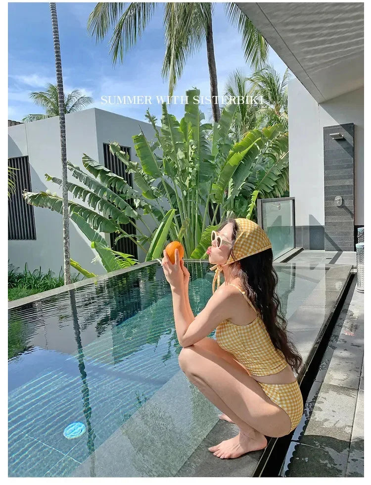 New 2025 Three-Piece Swimsuit Slimming Cover-Up Holiday Beauty Checkered Pattern Conservative Korean Style Bikini Set