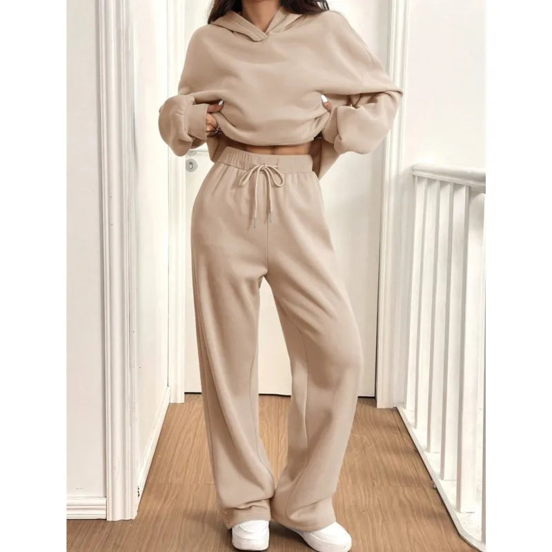 Simplicity Women's Outfits Two Piece Sport Set Long Sleeve Loose Hoodies Lace-up High Waist Straight Pant Sets Solid Tracksuits