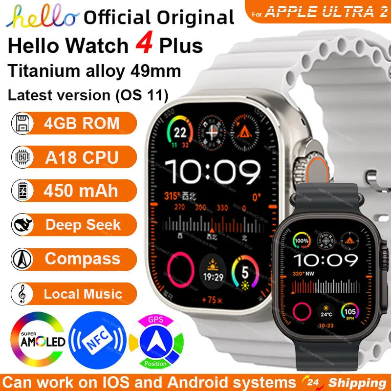 Smartwatch 2025 Original Hello Watch 4 Plus ULTRA 2 49mm 4G ROM NFC GPT GPS Compass Clock Bluetooth Call Smart Watch Men 3 Plus