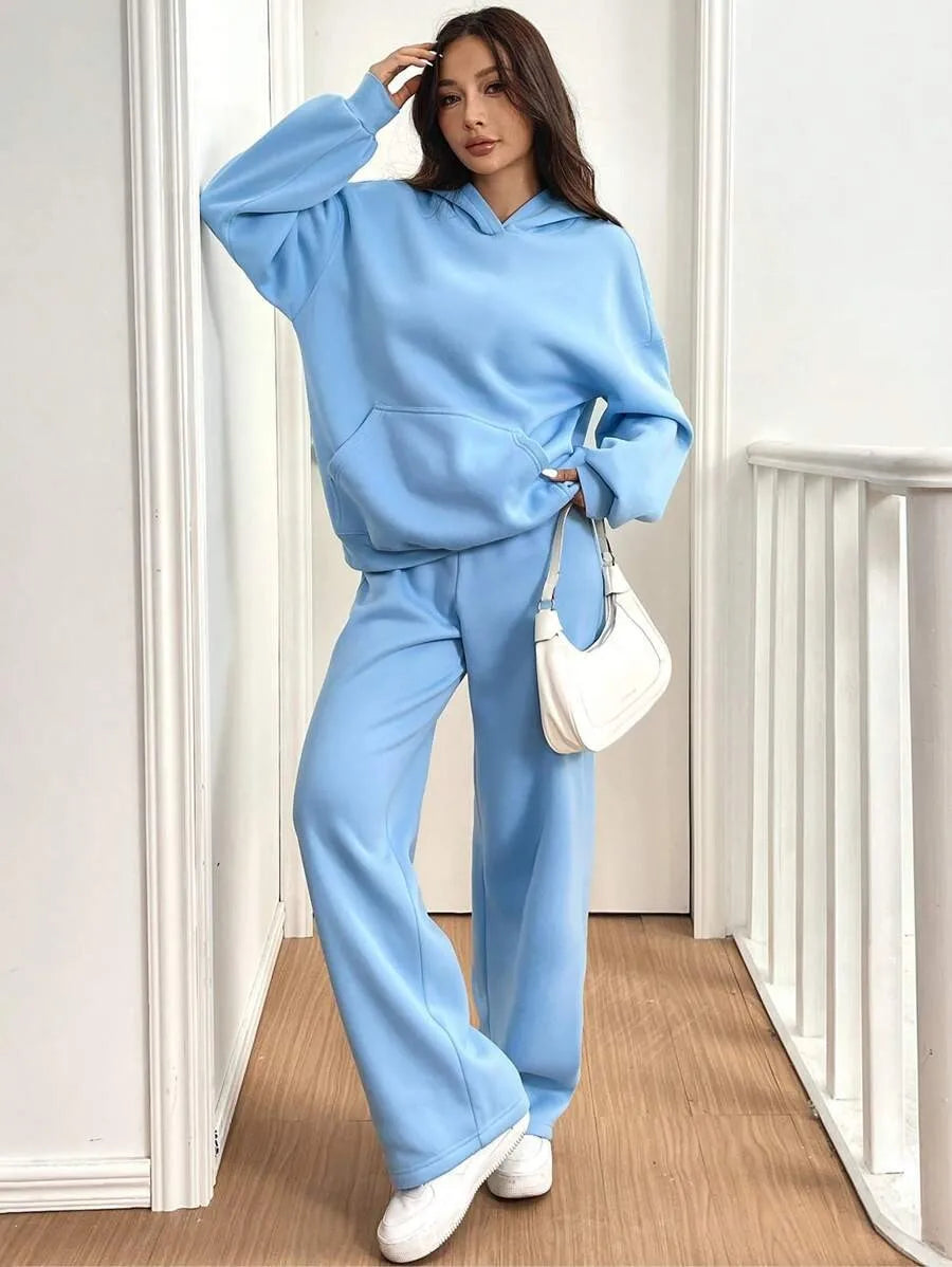 Simplicity Women's Outfits Two Piece Sport Set Long Sleeve Loose Hoodies Lace-up High Waist Straight Pant Sets Solid Tracksuits