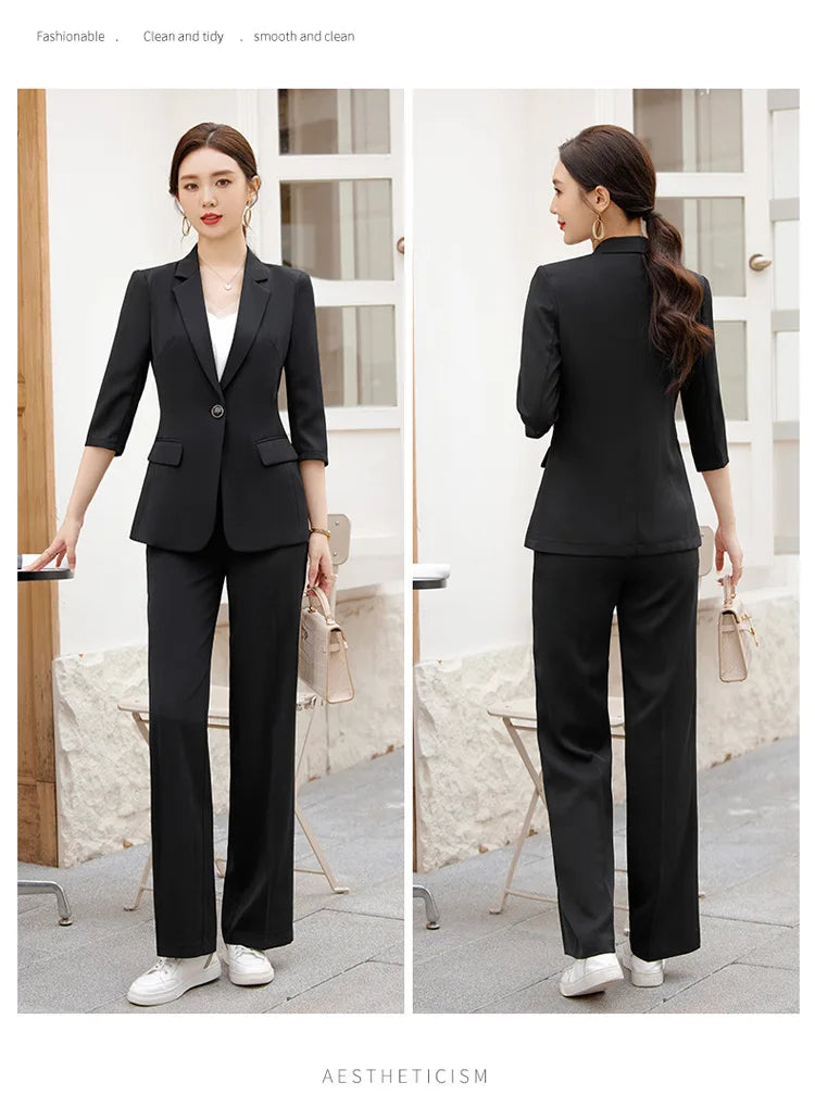 Office Pant Suits for Women Three Quarter Streetwear Casual Two Piece Set 2024 New Spring Summer Single Button Solid Pant Suits