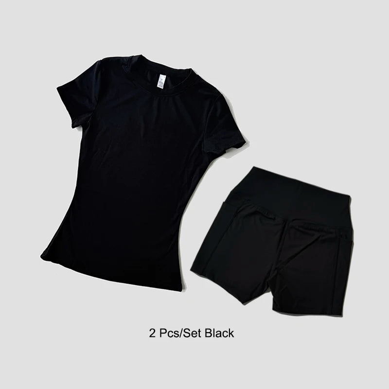 Women's Sports Yoga Set Seamless Knitted Fitness Gym Clothes Sportswear Short Sleeve Crop Top Tracksuits Gym Short Leggings