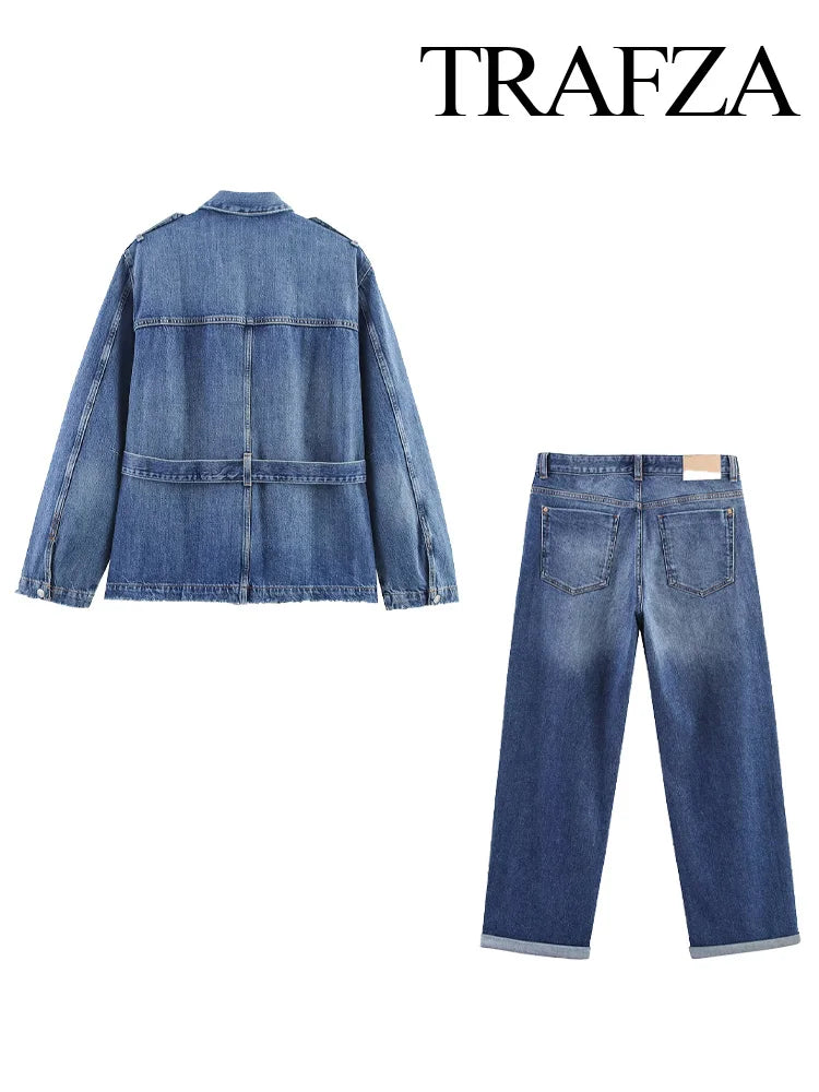 HH Women Denim Pant Sets Long Sleeves Belt Turn-Down Collar Coats+Loose Zipper Pockets High Waist Hemming Autumn Trousers