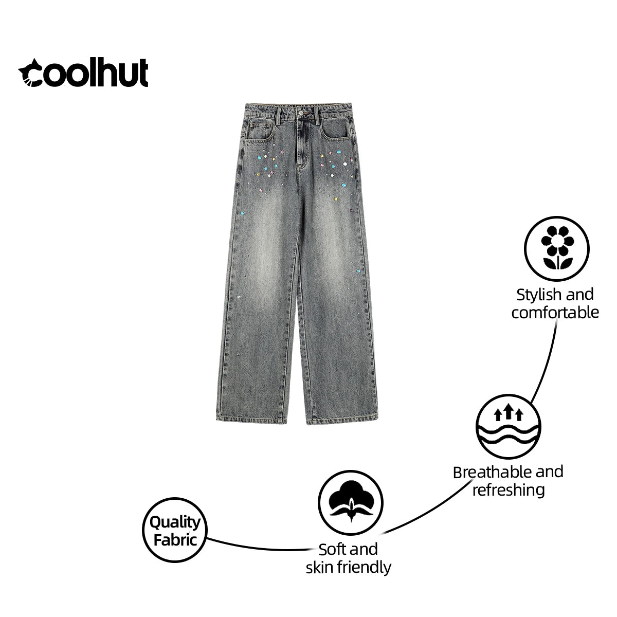 COOLHUT 2025 High Waist Straight Wide Leg Flare Denim Pants Women Vintage Beaded Casual American Style Floor Length Draped Jeans