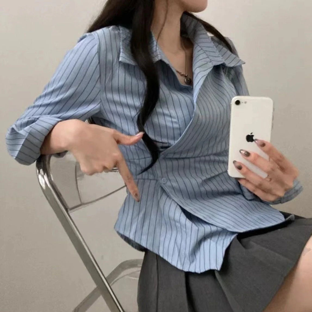 Korean Design Irregular Waist-Cinching Autumn Striped College Sle Long Sve Slimming Top Women's Faion Polyester irt