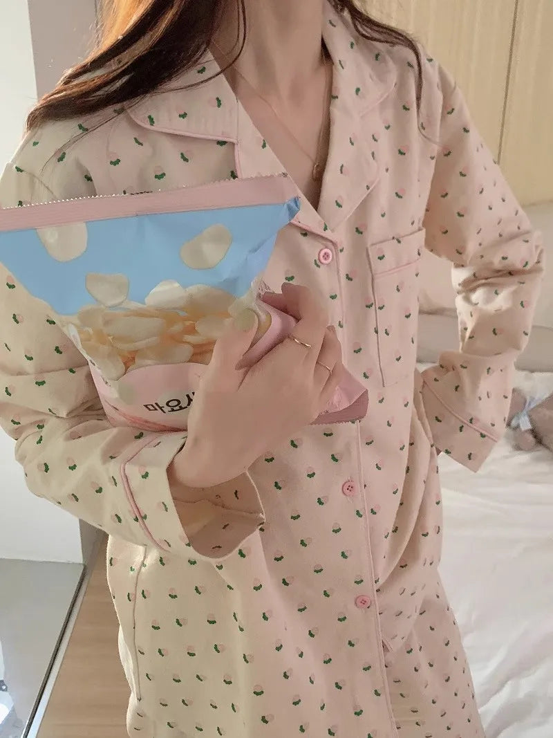 Spring Autumn Pure Cotton Floral Long Sve Stberry Spwear Women's Sweet INS Sle Floing Home Clothes Set Outdoor W...