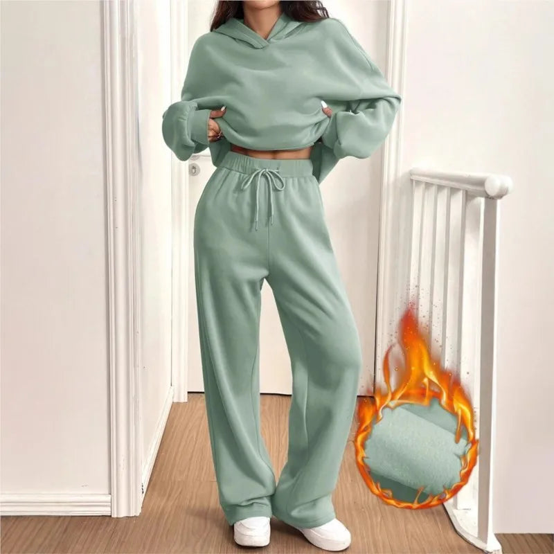 Simplicity Women's Outfits Two Piece Sport Set Long Sleeve Loose Hoodies Lace-up High Waist Straight Pant Sets Solid Tracksuits