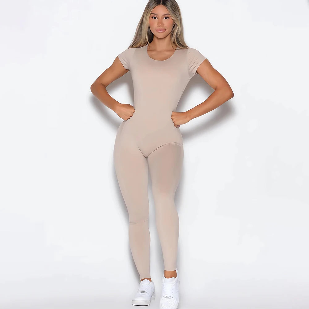 2025 Women Open Back Tee Bodysuit Bum Backless Seamless Gym Wear Short Sleeve One Piece Yoga Set Gym Outfit Overalls Jumpsuit