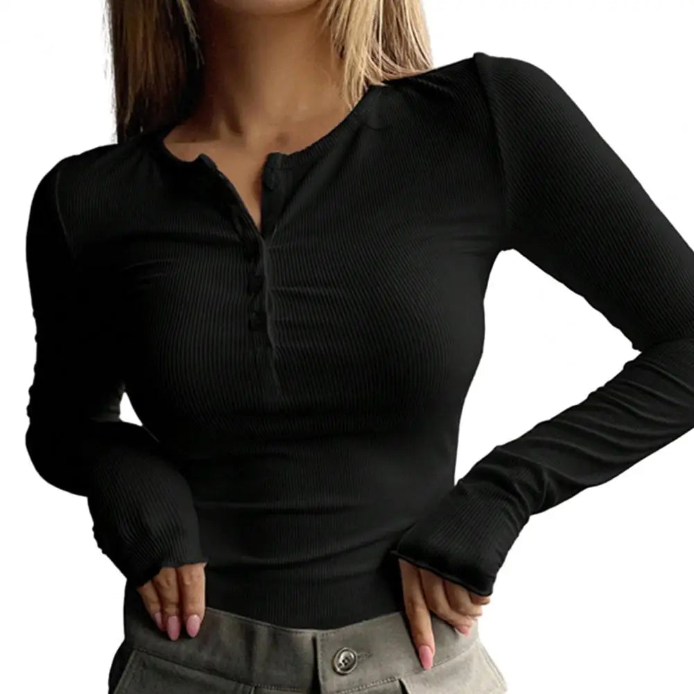 Women Autumn Spring Top O Neck Button Long Sleeve Slim Fit Pullover Soft Breathable Elastic Simple Style Women T-shirt Blouse