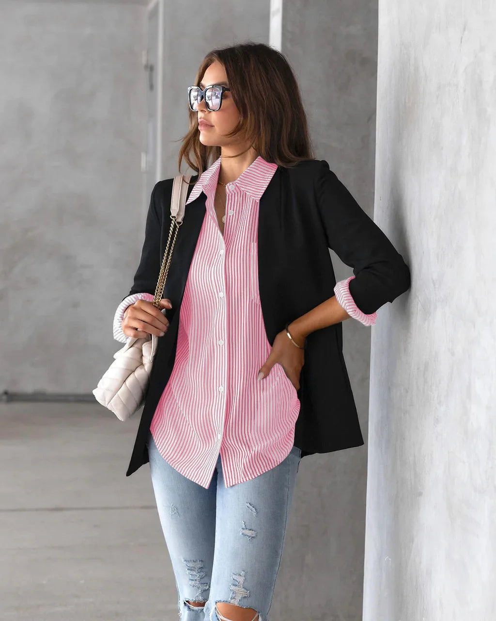 Loose Striped Women's Top, Elegant Long Sleeved Lapel Top, Oversized Cotton Casual Top, Novelty Of 2025 Shirts & Blouses Blusas