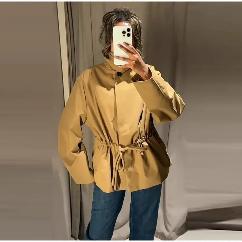 Casual Invisible Button Drawstring Short Parka Women Lapel Single Breasted Full Sleeve Solid Street Jacket 2025 Autumn Lady Coat
