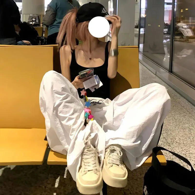 MEXZT Y2K White Cargo Pants Women Streetwear Embroidery Baggy Sweatpants Harajuku Wide Leg Joggers Summer Oversized Trousers New