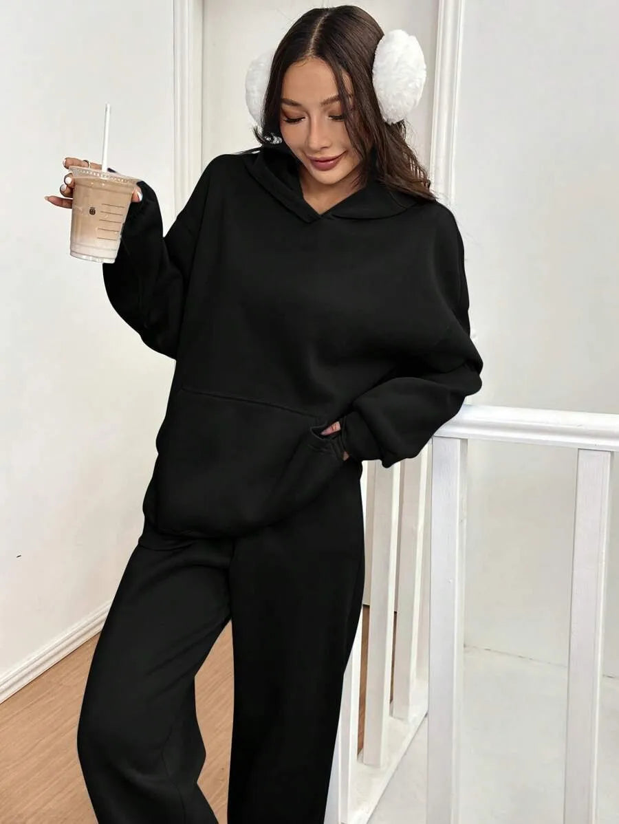 Simplicity Women's Outfits Two Piece Sport Set Long Sleeve Loose Hoodies Lace-up High Waist Straight Pant Sets Solid Tracksuits