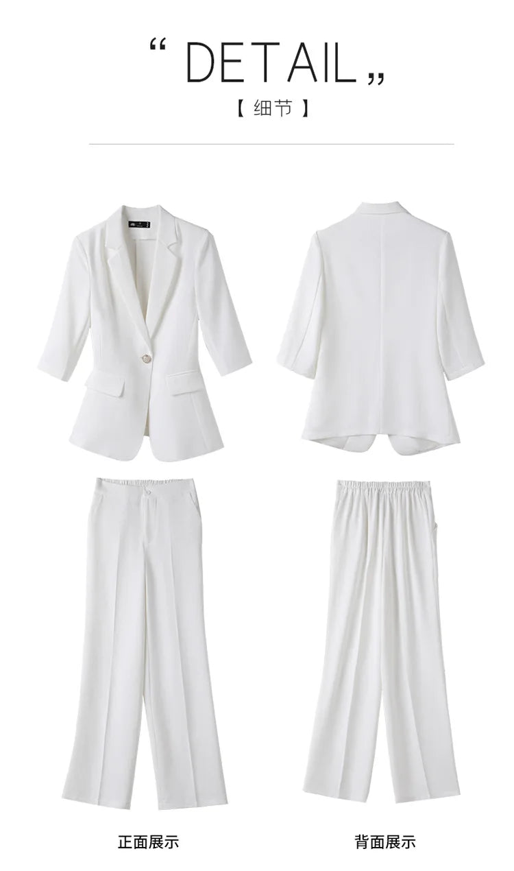 Office Pant Suits for Women Three Quarter Streetwear Casual Two Piece Set 2024 New Spring Summer Single Button Solid Pant Suits