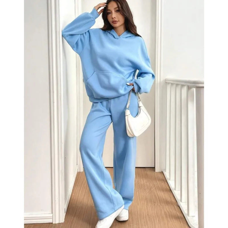 Simplicity Women's Outfits Two Piece Sport Set Long Sleeve Loose Hoodies Lace-up High Waist Straight Pant Sets Solid Tracksuits