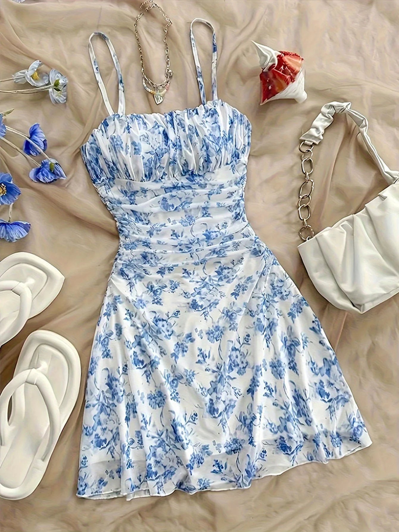 Y2K Women's Dress Floral Ruched Spaghetti Strap Sundress Mesh A Line Flowy Boho Dress