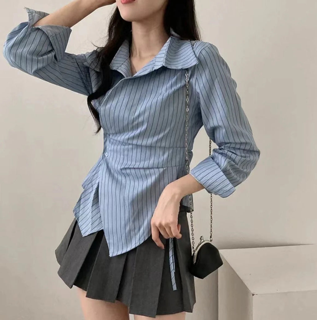 Korean Design Irregular Waist-Cinching Autumn Striped College Sle Long Sve Slimming Top Women's Faion Polyester irt
