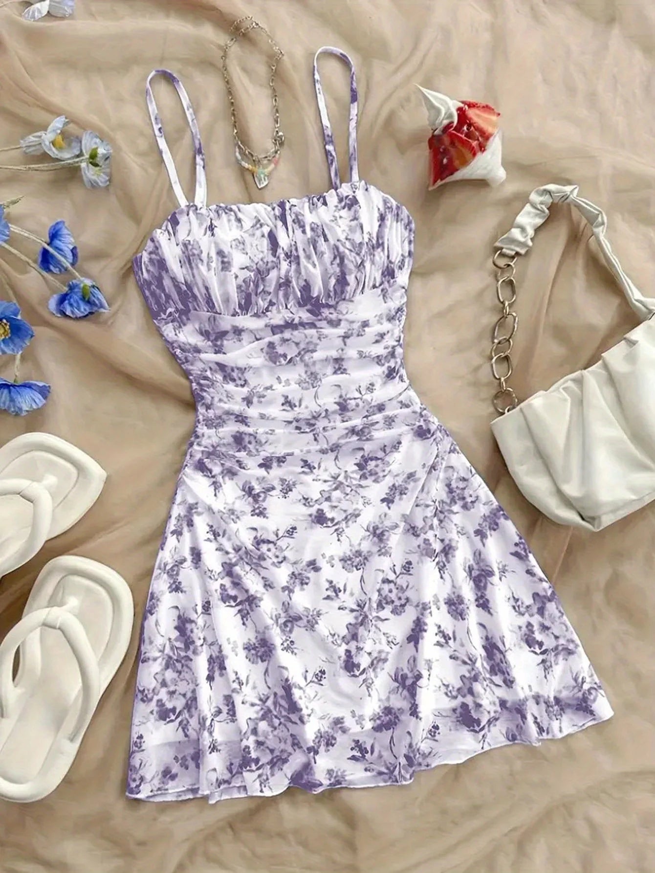 Y2K Women's Dress Floral Ruched Spaghetti Strap Sundress Mesh A Line Flowy Boho Dress