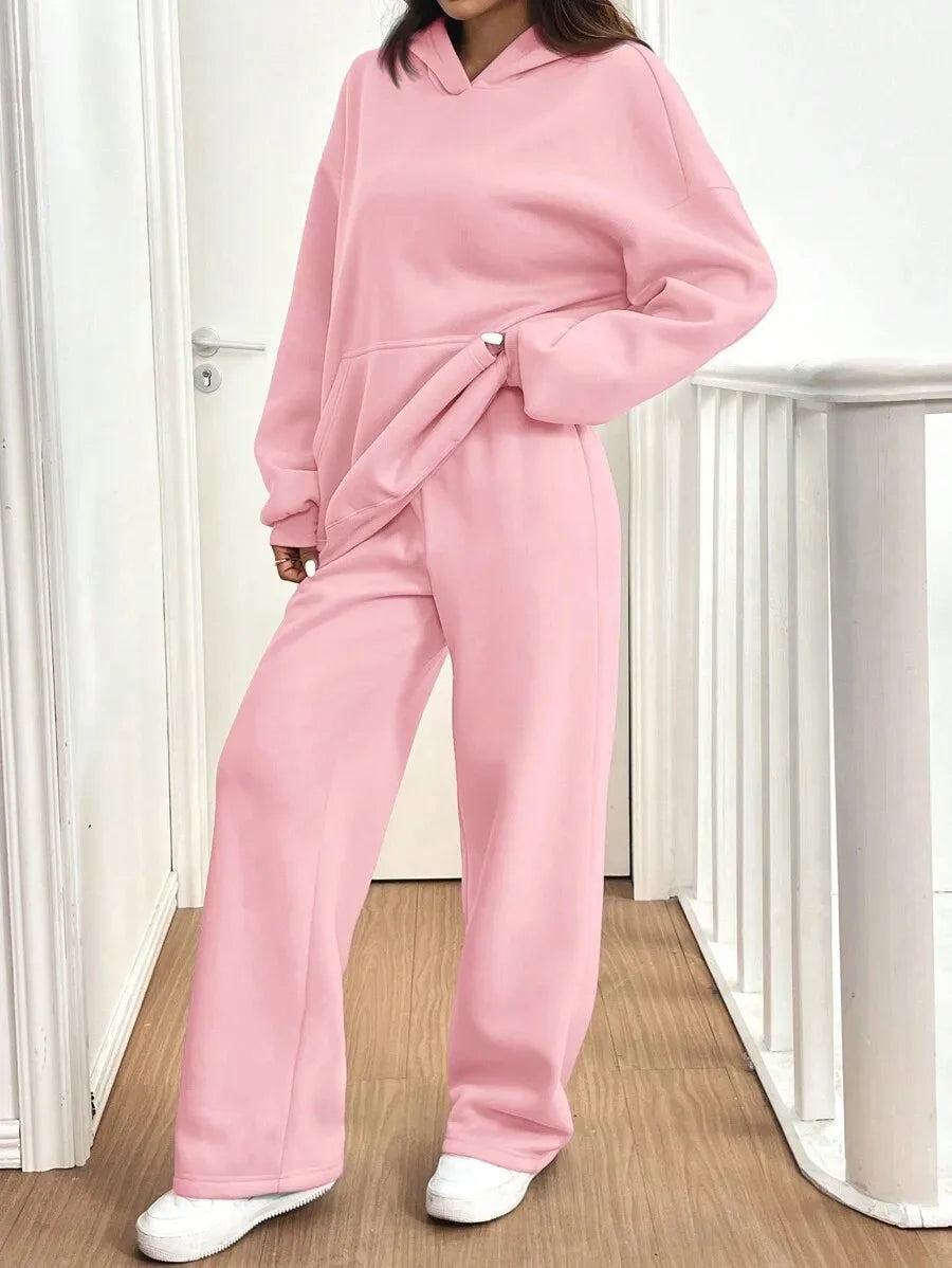 Simplicity Women's Outfits Two Piece Sport Set Long Sleeve Loose Hoodies Lace-up High Waist Straight Pant Sets Solid Tracksuits