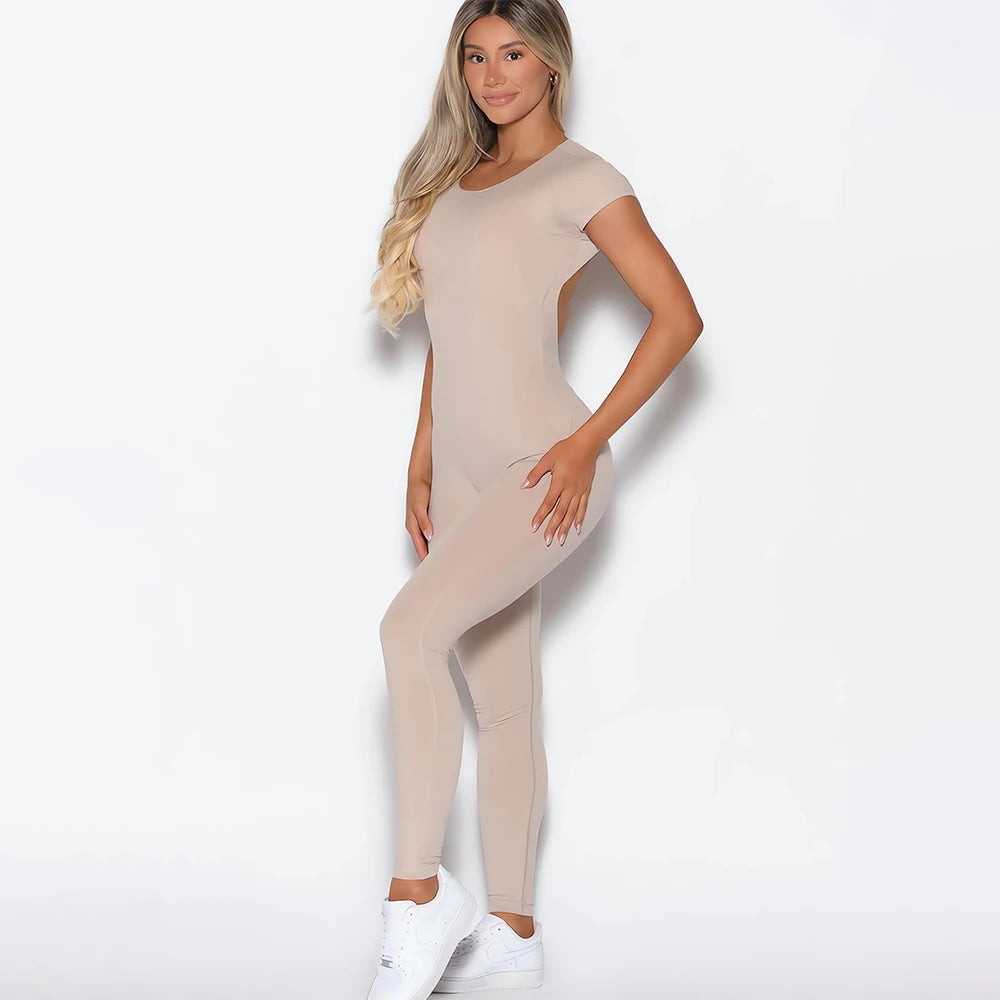 2025 Women Open Back Tee Bodysuit Bum Backless Seamless Gym Wear Short Sleeve One Piece Yoga Set Gym Outfit Overalls Jumpsuit
