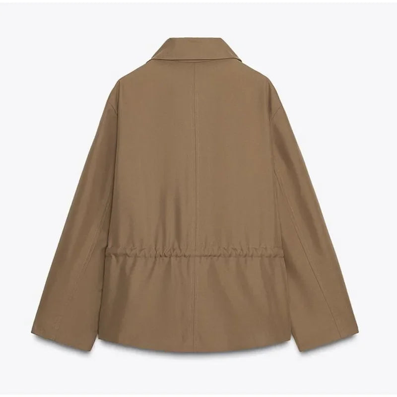 Casual Invisible Button Drawstring Short Parka Women Lapel Single Breasted Full Sleeve Solid Street Jacket 2025 Autumn Lady Coat