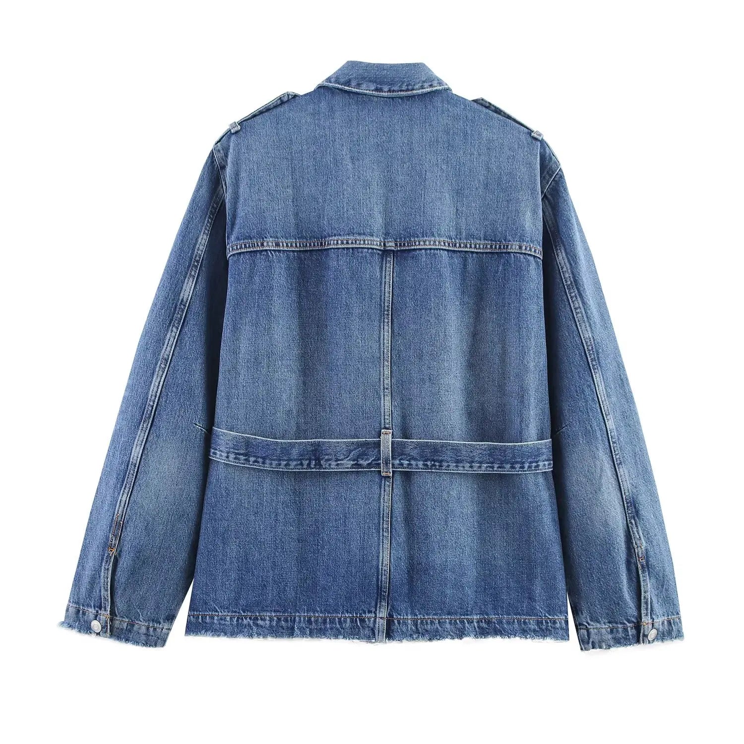 HH Women Denim Pant Sets Long Sleeves Belt Turn-Down Collar Coats+Loose Zipper Pockets High Waist Hemming Autumn Trousers