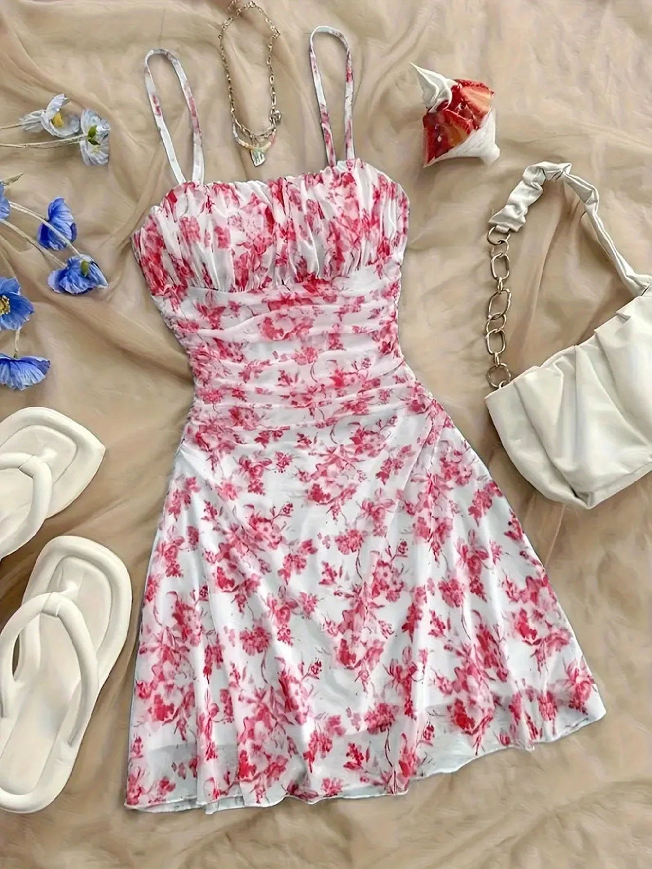 Y2K Women's Dress Floral Ruched Spaghetti Strap Sundress Mesh A Line Flowy Boho Dress