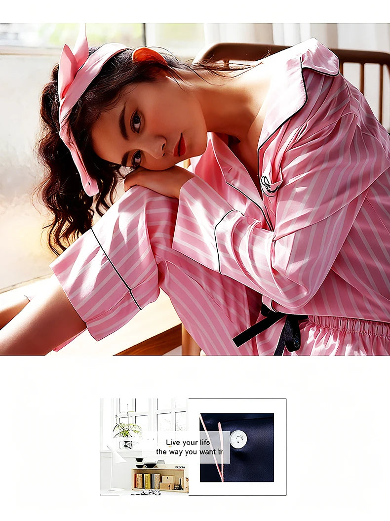 Pajama Sets Woman 7Pcs/Set Pyjamas Sexy Pink Striped Sleepwear Sumptuous Cute Loungewear