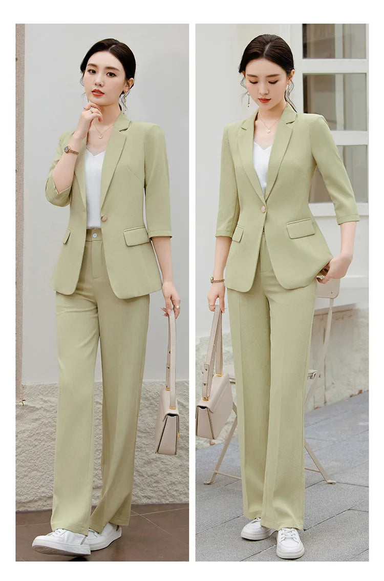 Office Pant Suits for Women Three Quarter Streetwear Casual Two Piece Set 2024 New Spring Summer Single Button Solid Pant Suits