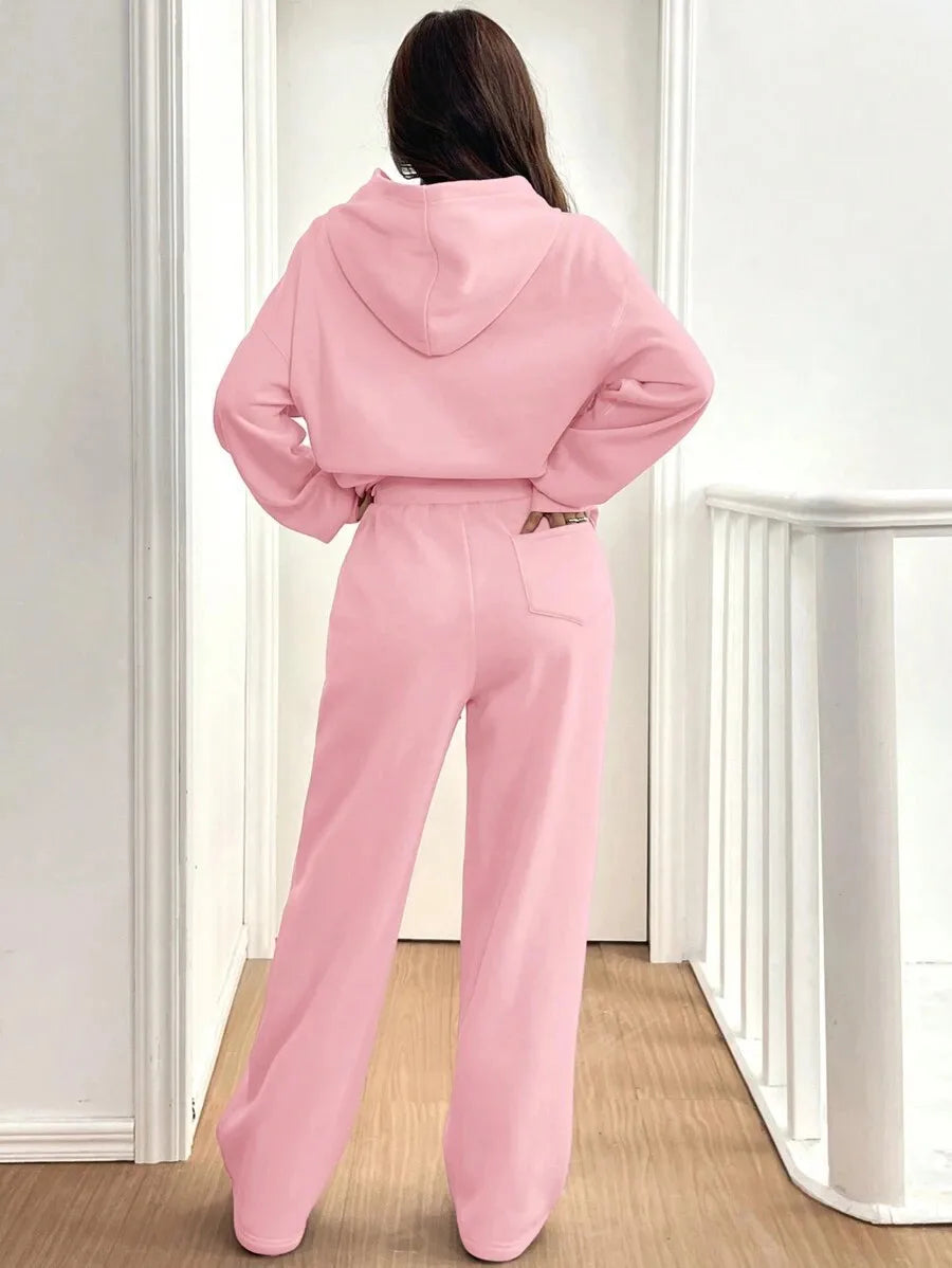 Simplicity Women's Outfits Two Piece Sport Set Long Sleeve Loose Hoodies Lace-up High Waist Straight Pant Sets Solid Tracksuits