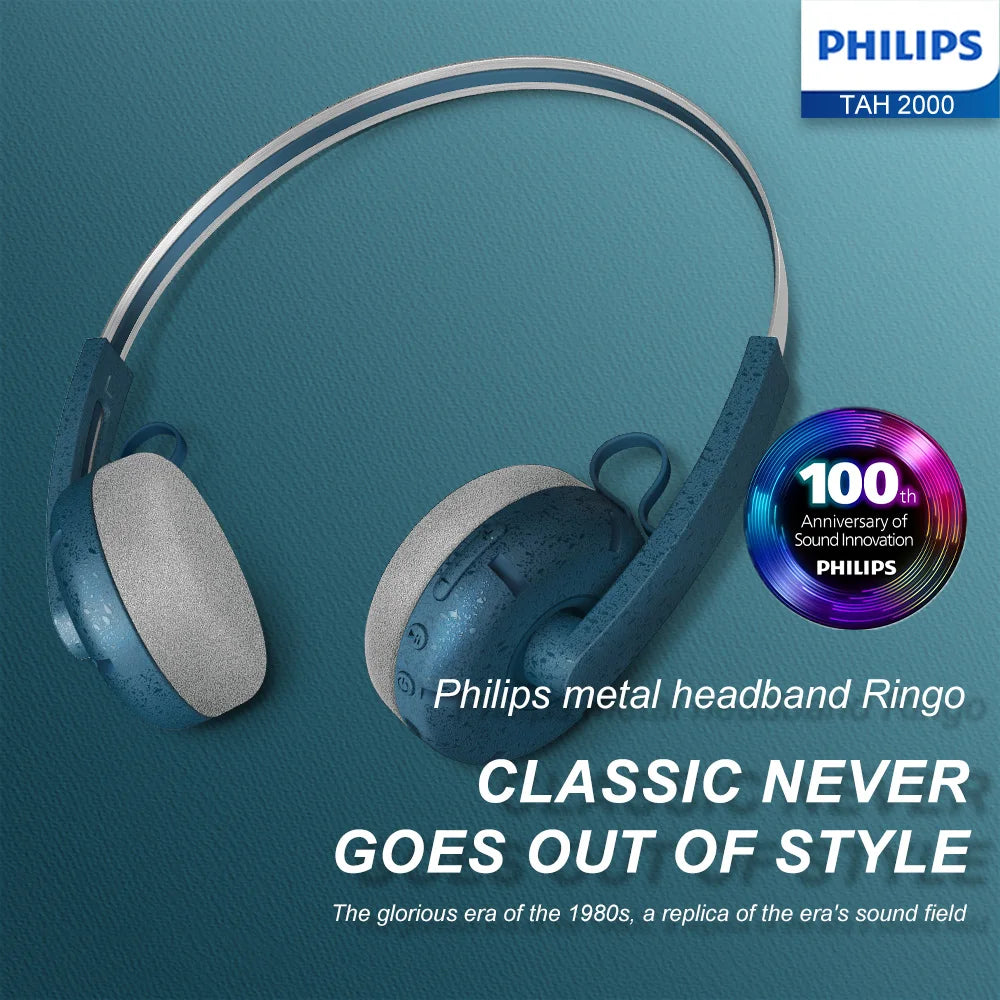PHILIPS TAH 2000 over-ear wireless Bluetooth headphones feature a retro design  smart noise-cancelling headphones for calls
