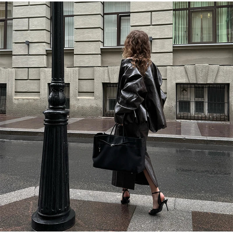 Y2K Pu Leather Women Skirt Set Street Solid Long Sleeve Stand Zippers Jacket Split Skirts 2025 Autumn Fashion Lady Outfit