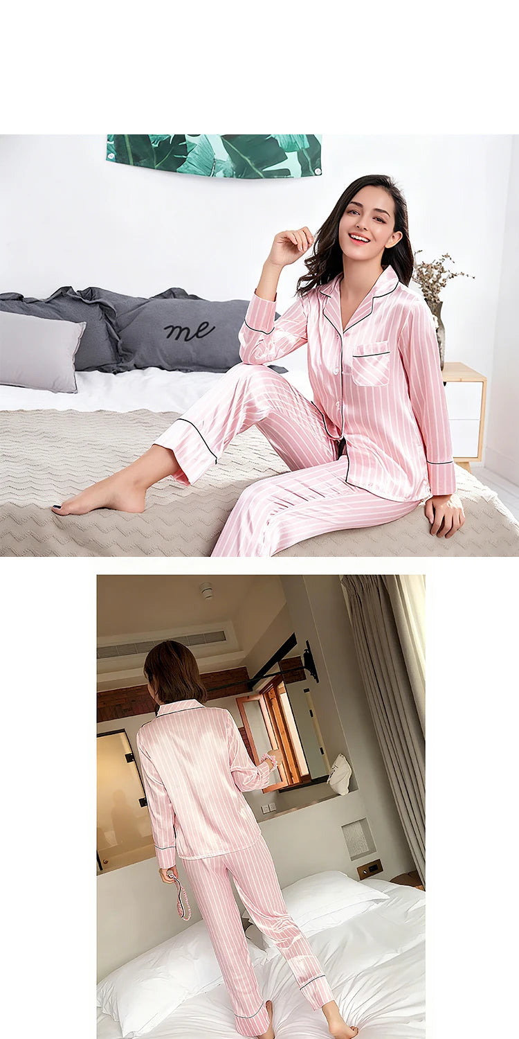 Pajama Sets Woman 7Pcs/Set Pyjamas Sexy Pink Striped Sleepwear Sumptuous Cute Loungewear