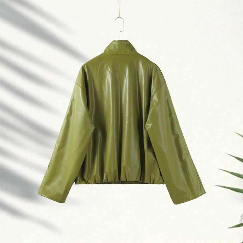 Y2K Pu Leather Women Skirt Set Street Solid Long Sleeve Stand Zippers Jacket Split Skirts 2025 Autumn Fashion Lady Outfit
