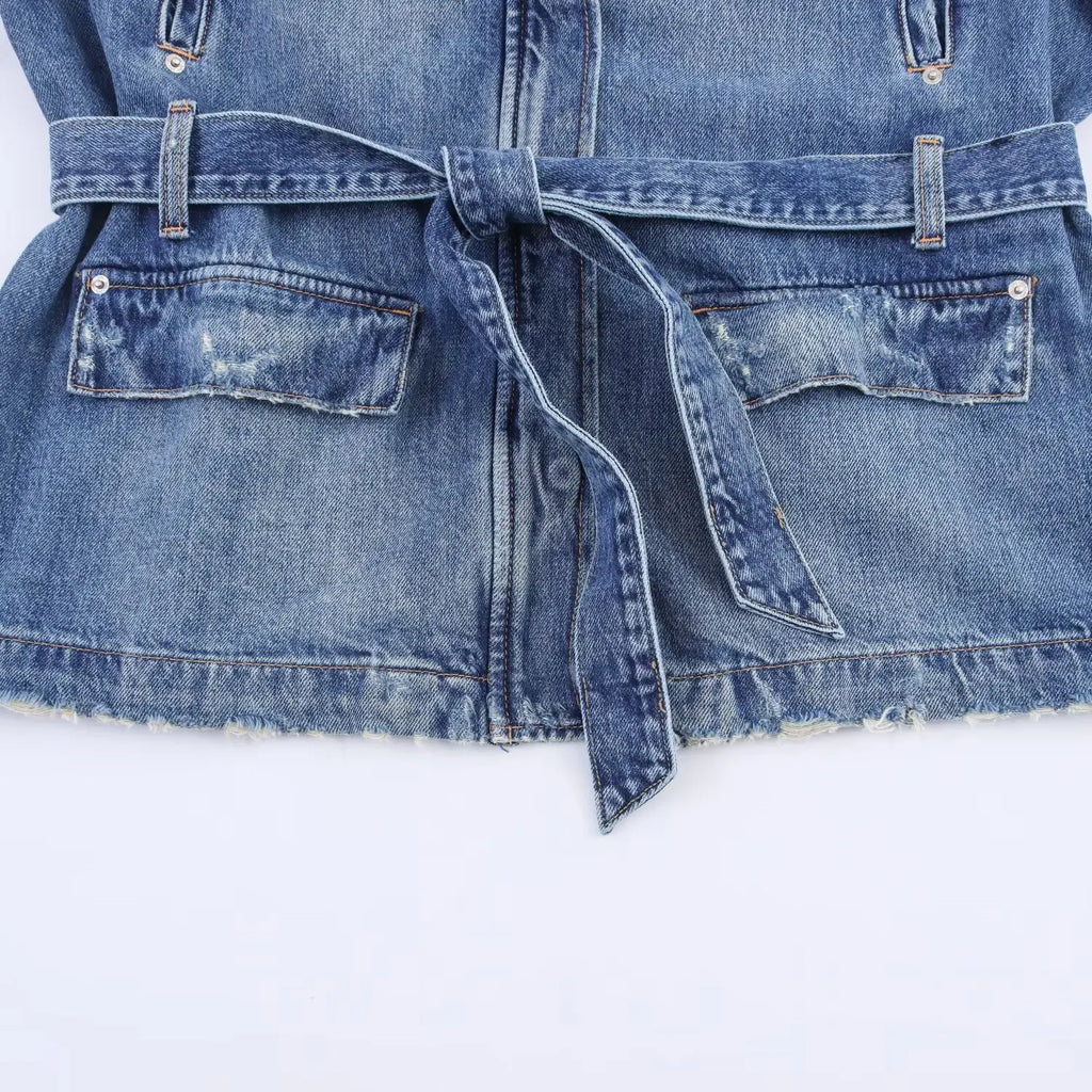 HH Women Denim Pant Sets Long Sleeves Belt Turn-Down Collar Coats+Loose Zipper Pockets High Waist Hemming Autumn Trousers