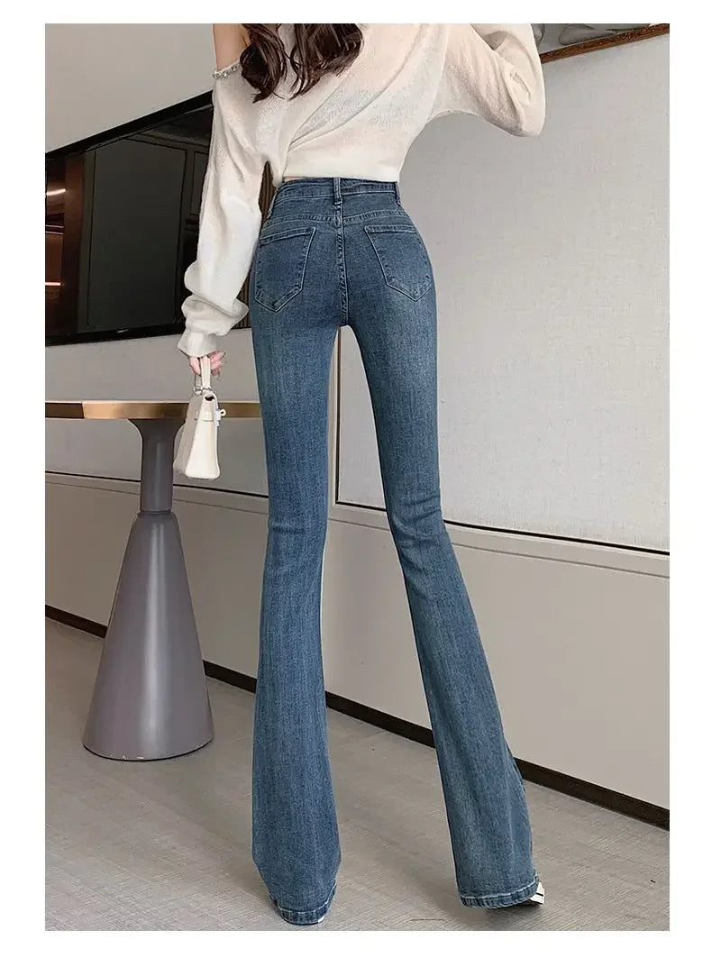 Slimming Straight-Leg Denim Jeans Women's Autumn/Winter Petite Blue Grey High Elasticity Micro Flare Shaping Smooth Silhouette