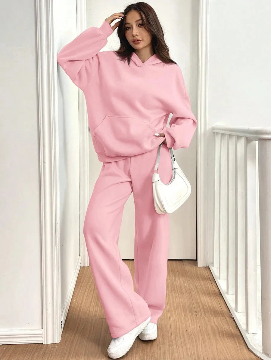 Simplicity Women's Outfits Two Piece Sport Set Long Sleeve Loose Hoodies Lace-up High Waist Straight Pant Sets Solid Tracksuits