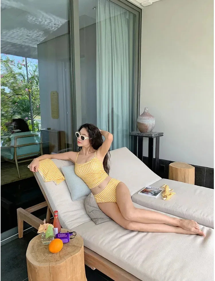 New 2025 Three-Piece Swimsuit Slimming Cover-Up Holiday Beauty Checkered Pattern Conservative Korean Style Bikini Set