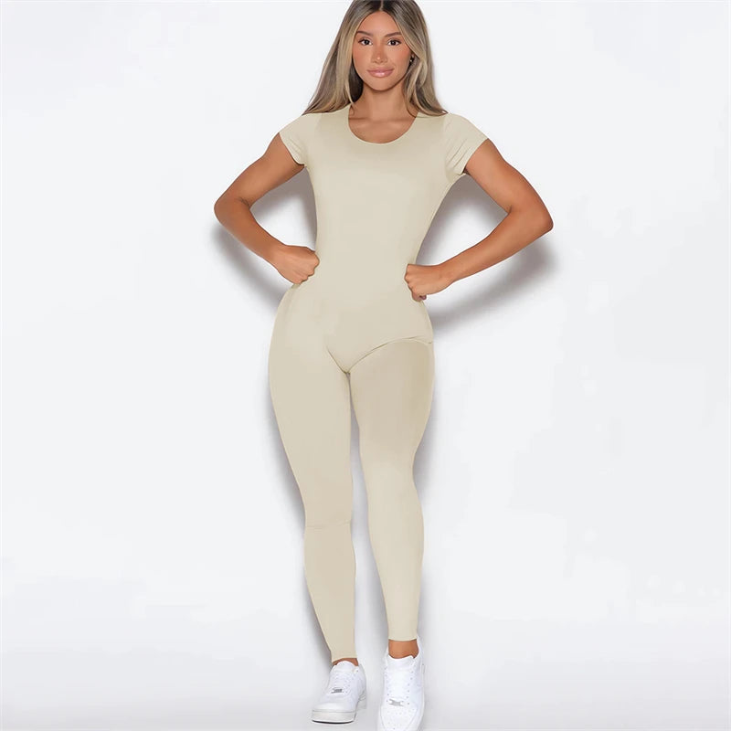 2025 Women Open Back Tee Bodysuit Bum Backless Seamless Gym Wear Short Sleeve One Piece Yoga Set Gym Outfit Overalls Jumpsuit