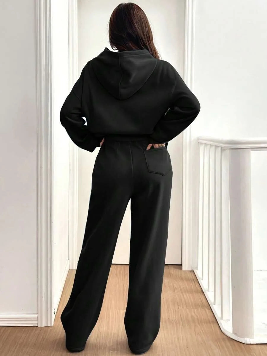 Simplicity Women's Outfits Two Piece Sport Set Long Sleeve Loose Hoodies Lace-up High Waist Straight Pant Sets Solid Tracksuits