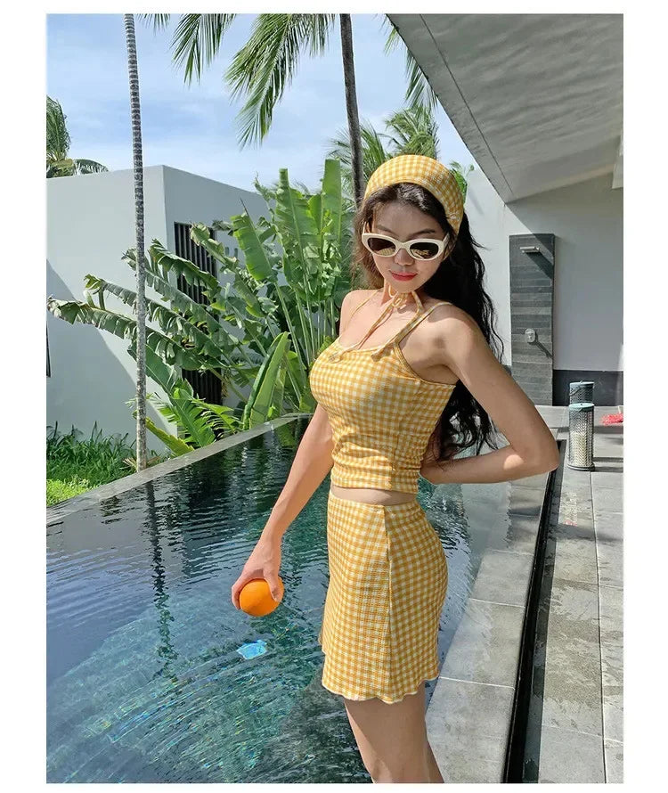 New 2025 Three-Piece Swimsuit Slimming Cover-Up Holiday Beauty Checkered Pattern Conservative Korean Style Bikini Set
