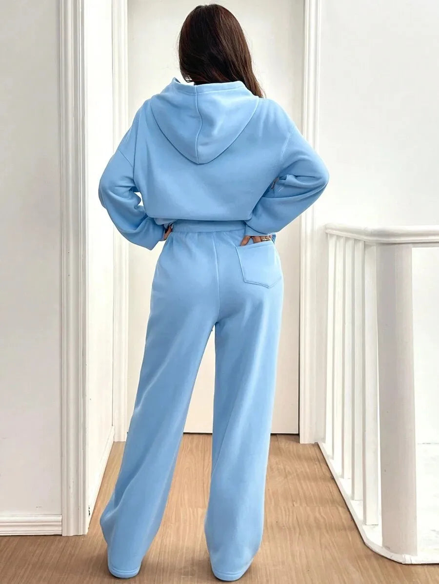 Simplicity Women's Outfits Two Piece Sport Set Long Sleeve Loose Hoodies Lace-up High Waist Straight Pant Sets Solid Tracksuits
