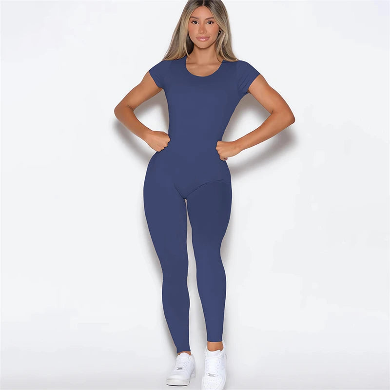 2025 Women Open Back Tee Bodysuit Bum Backless Seamless Gym Wear Short Sleeve One Piece Yoga Set Gym Outfit Overalls Jumpsuit