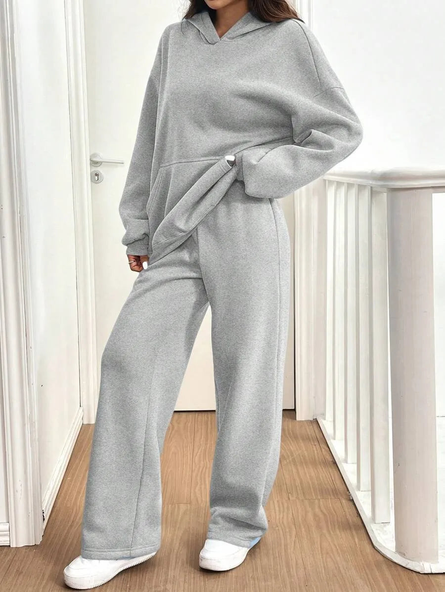 Simplicity Women's Outfits Two Piece Sport Set Long Sleeve Loose Hoodies Lace-up High Waist Straight Pant Sets Solid Tracksuits