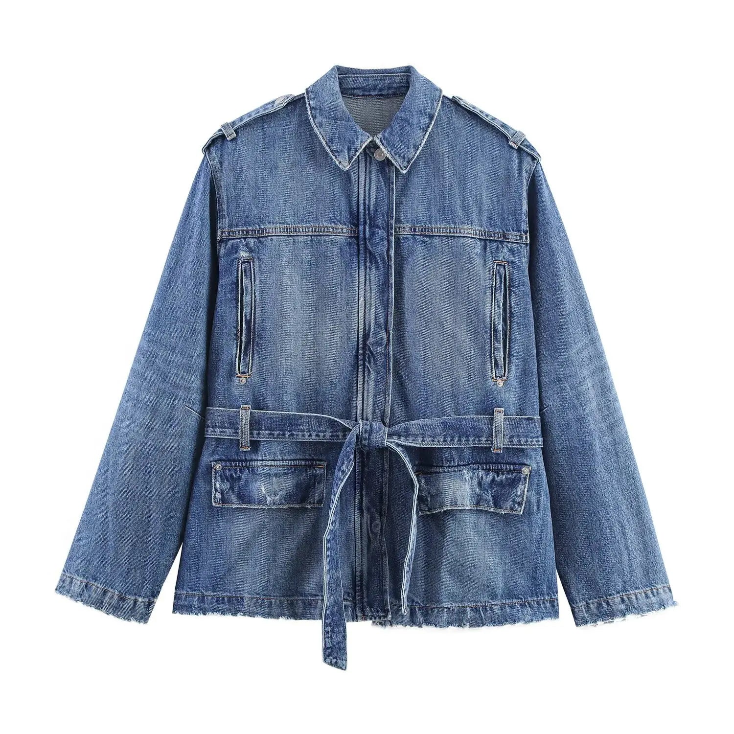 HH Women Denim Pant Sets Long Sleeves Belt Turn-Down Collar Coats+Loose Zipper Pockets High Waist Hemming Autumn Trousers