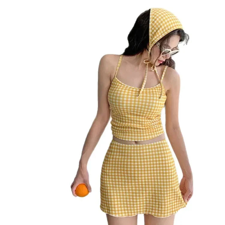 New 2025 Three-Piece Swimsuit Slimming Cover-Up Holiday Beauty Checkered Pattern Conservative Korean Style Bikini Set