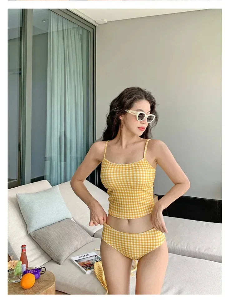 New 2025 Three-Piece Swimsuit Slimming Cover-Up Holiday Beauty Checkered Pattern Conservative Korean Style Bikini Set