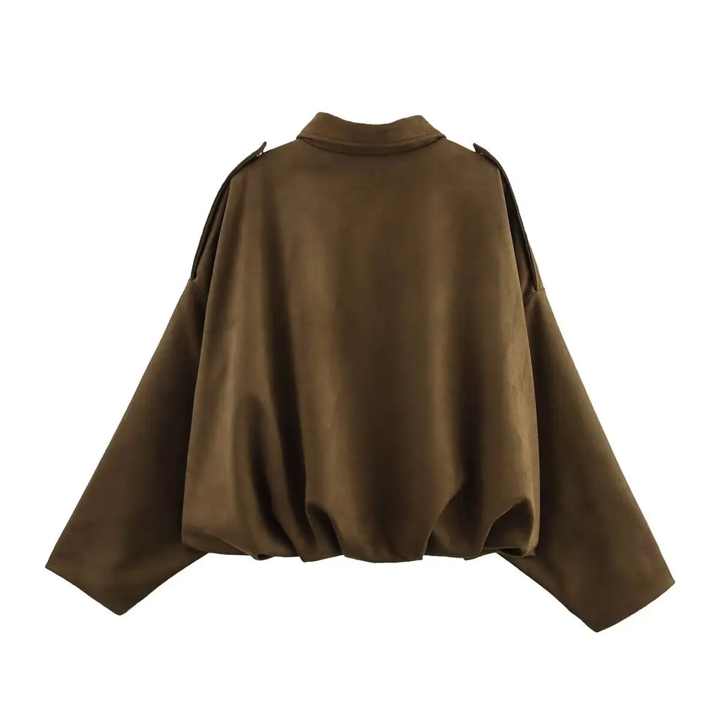 TFMLN Women Suede Bomber Jacket Spring New Fashion Long Sleeve Zipper Oversize Solid Bomber Coat Chic Lady 2025 Streetwear