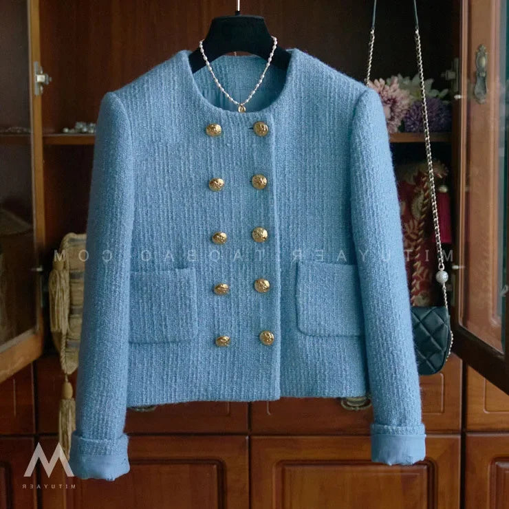 Early Autumn New Slimming Tweed Style Socialite Jacket Women's European Vintage Fashion Crew Neck Short Jacket