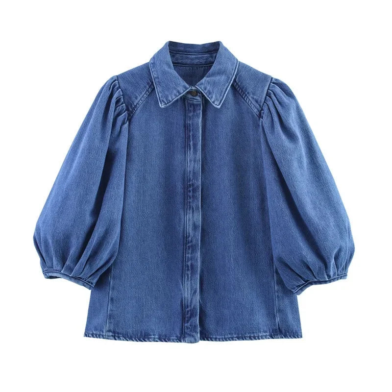 Fashion Casual Denim Shirt High Waist Wide Leg Pants Women's Independent Station Wind Clothing Satin Polyester Fiber AE Stock